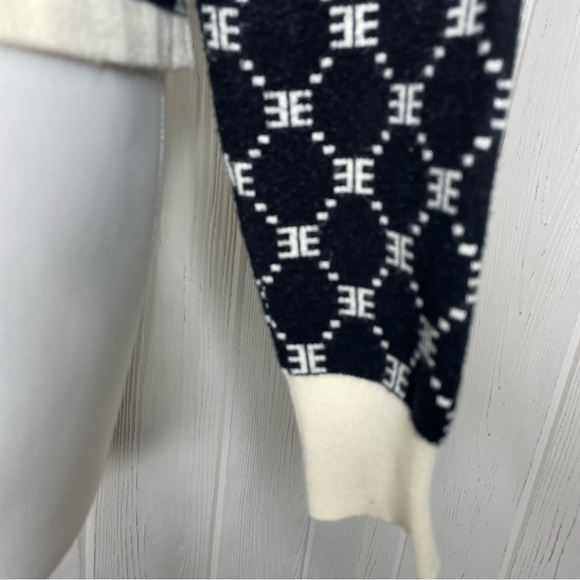 Ell And Emm Monogram Knit Sweater M Black Ivory Collared Quarter Button EE - Picture 8 of 11